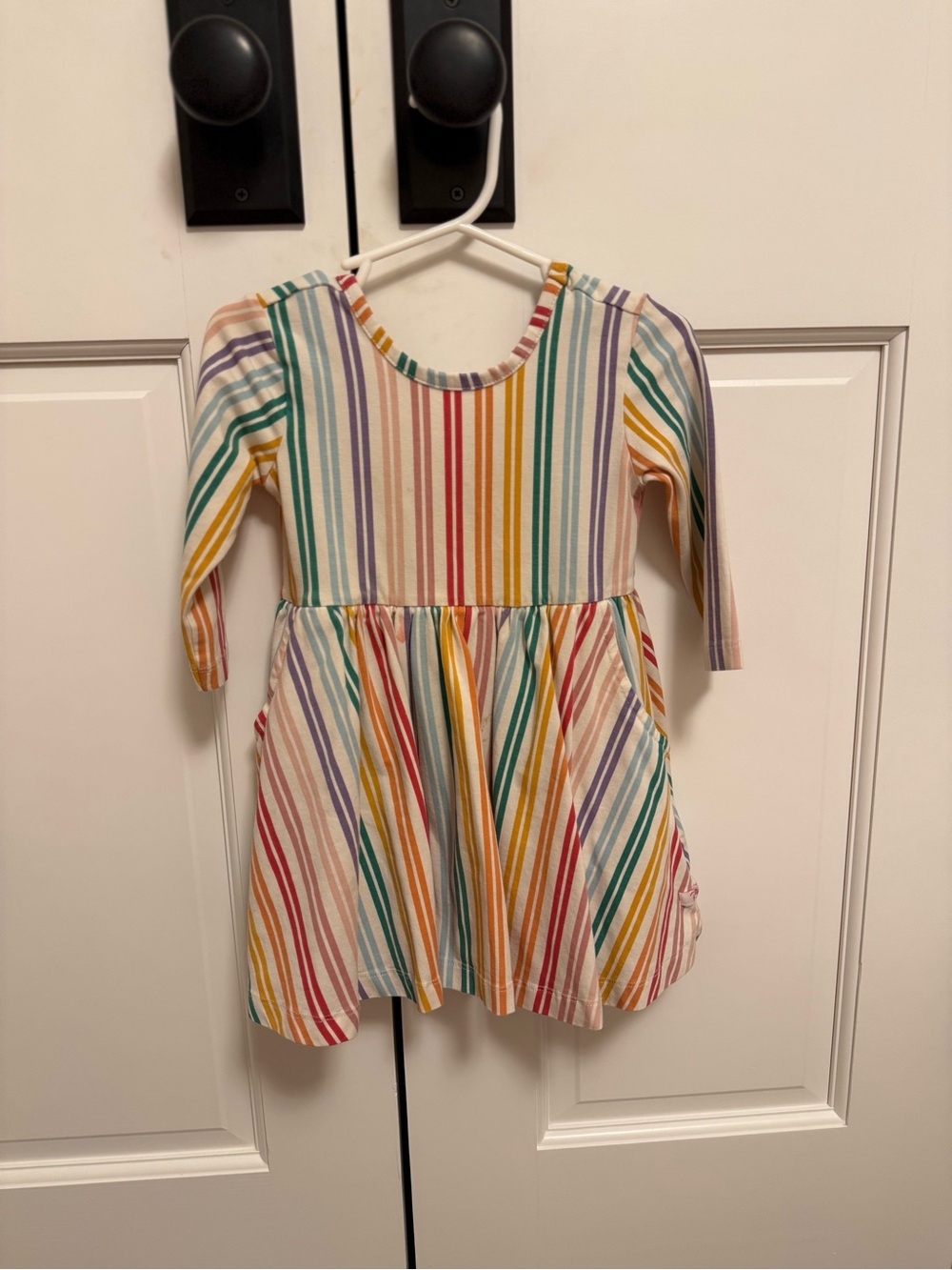 Ruffle Butts Rainbow Stripe Long Sleeve Toddler Dress with Bow in the Back